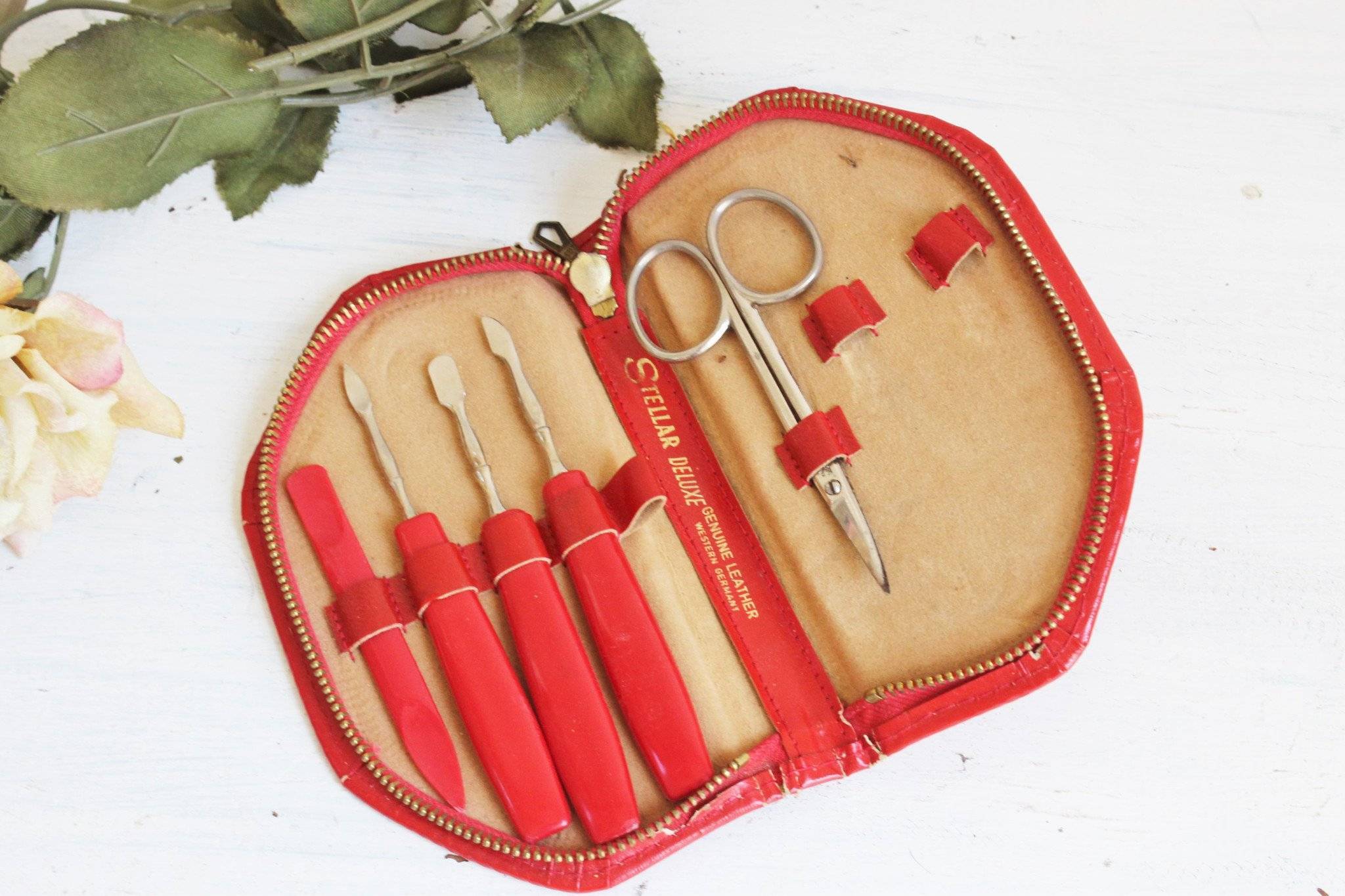 Vintage 1950s Red Leather Manicure Kit, Stellar Deluxe – Toadstool Farm