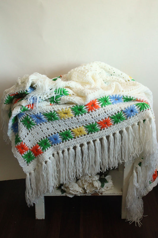 Vintage 1960s Knit Blanket with Fringe