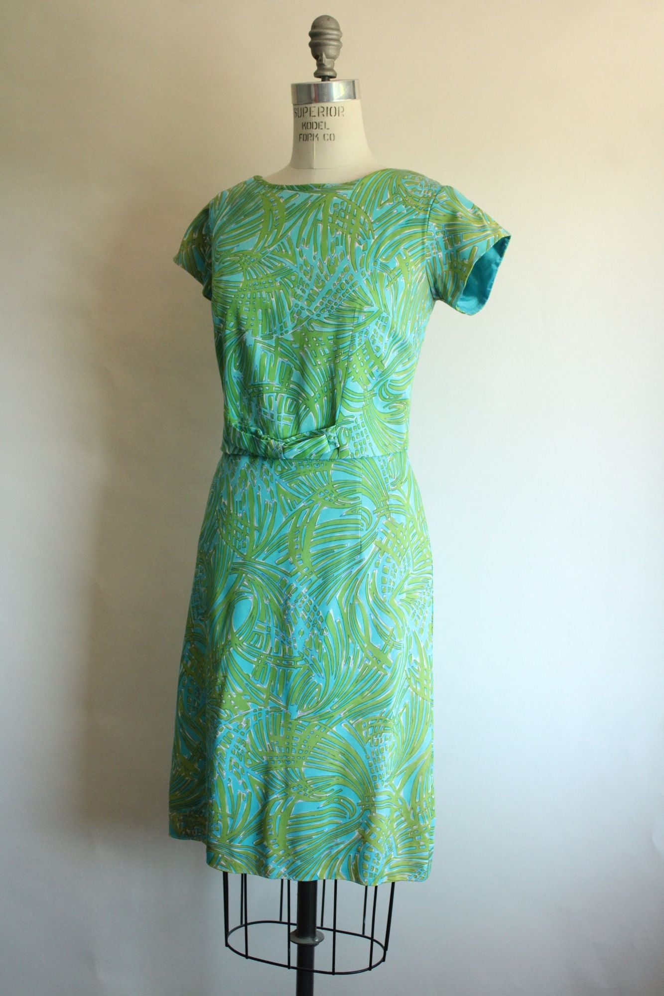 Vintage 1960s Blue and Green Dress with Bow