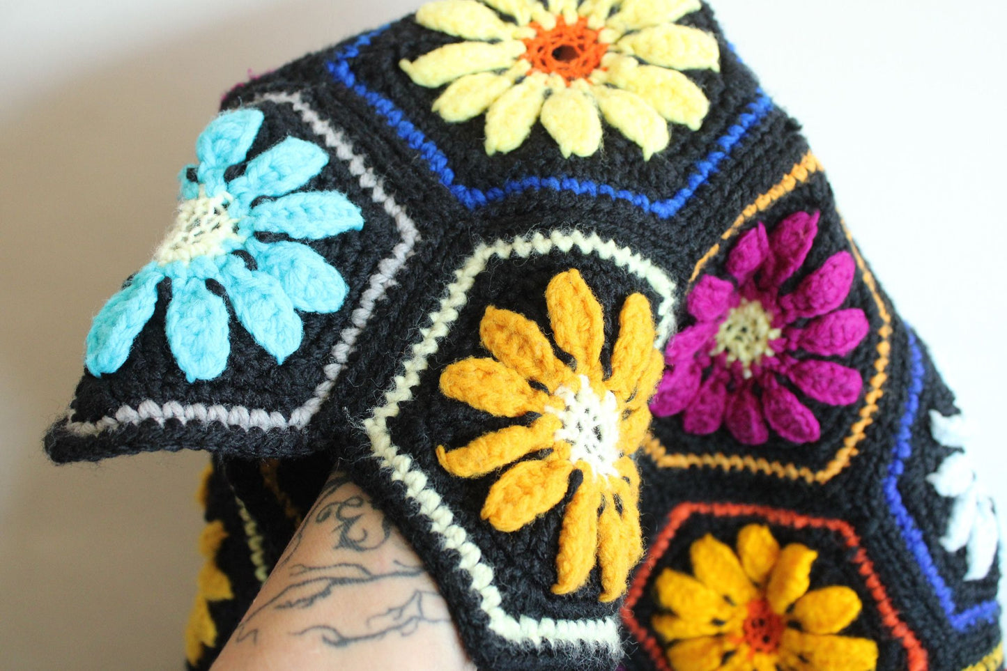 Vintage 1960s Black Crochet Granny Square Afghan