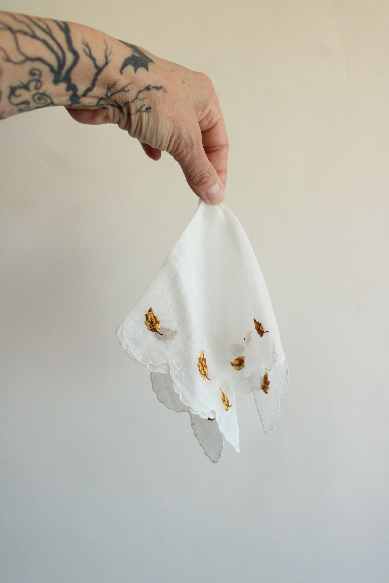 Vintage White Linen Hankie with Autumn Leaves Embroidery