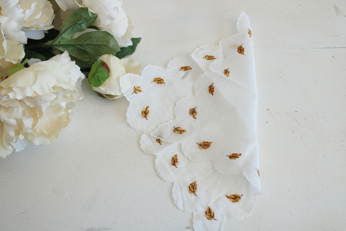 Vintage White Linen Hankie with Autumn Leaves Embroidery