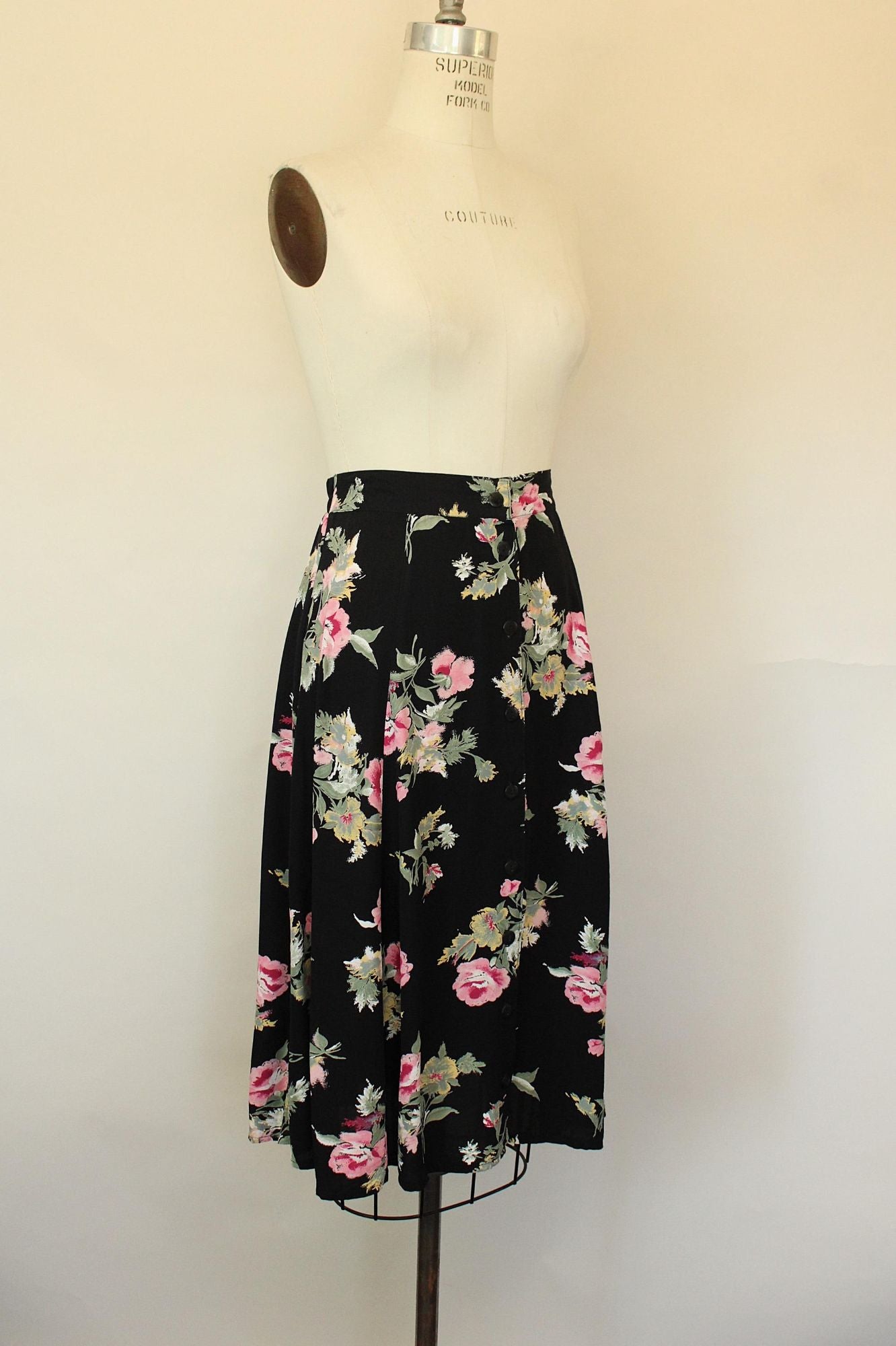 Vintage 1990s Michael Taylor Black Floral Print Skirt