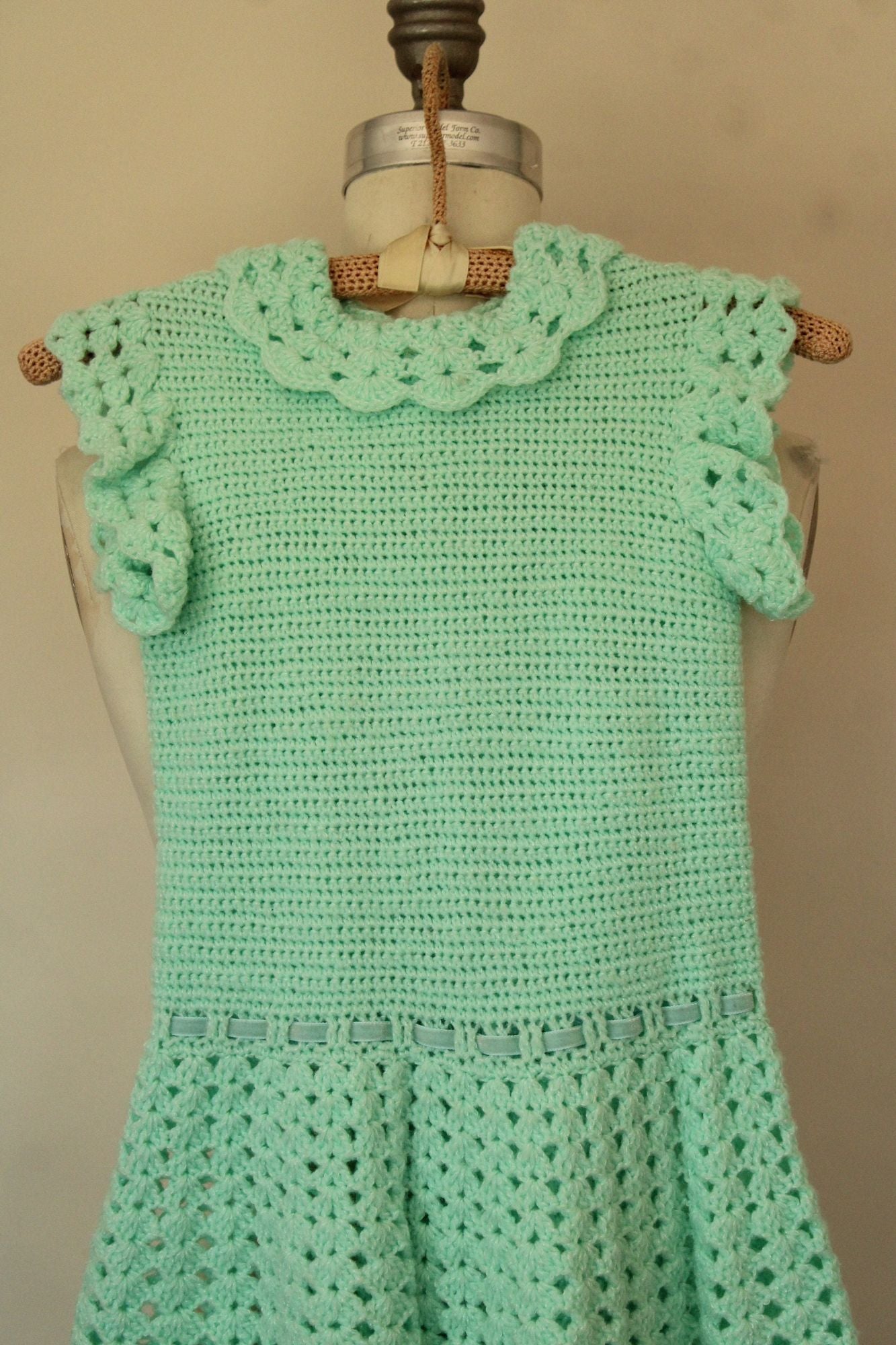 Vintage Mint Green Knit Little Girls Frock