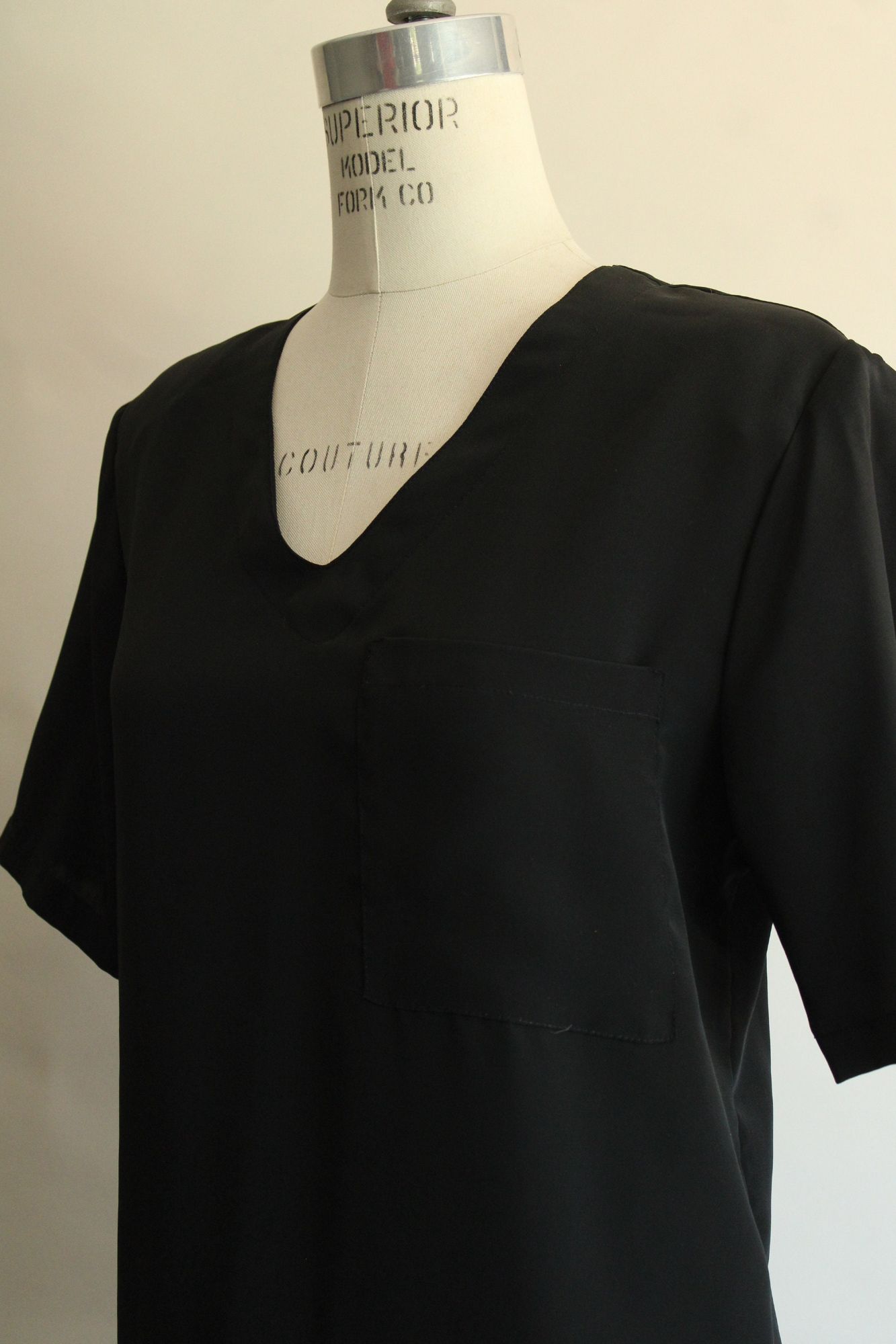 Vintage 1980s Premiere Black Blouse with Shoulder Pads and Pocke