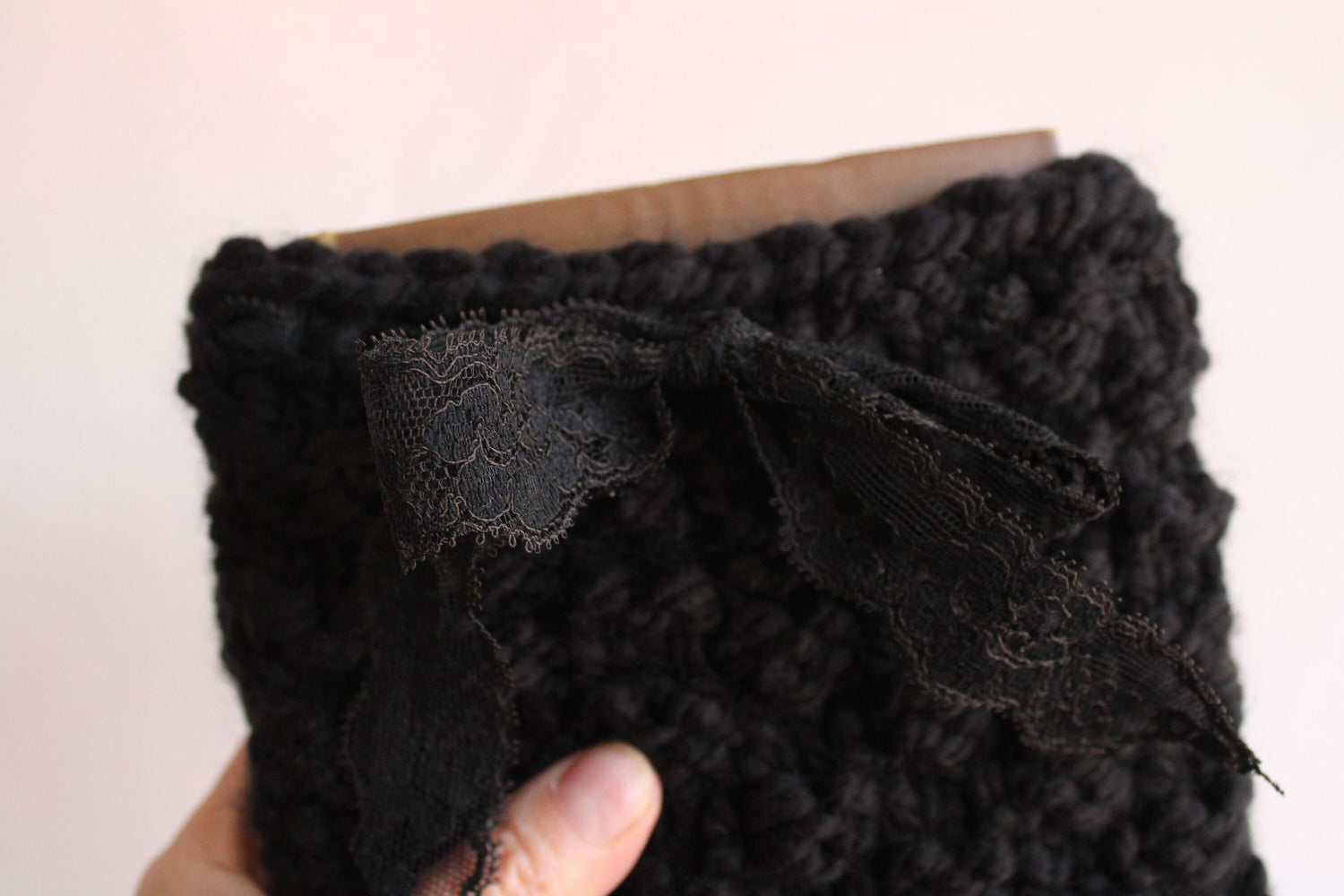 Shadow Hand Knit Book Pouch or Cover in Chunky Black Yarn