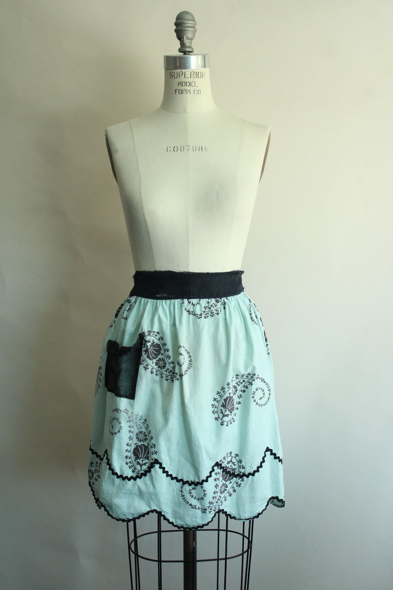 Vintage 1960s Apron, Mint Green and Black Cotton Half Apron with Ricrac Trim