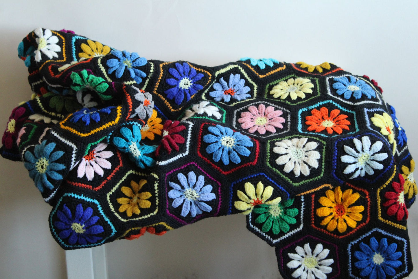 Vintage 1960s Black Crochet Granny Square Afghan