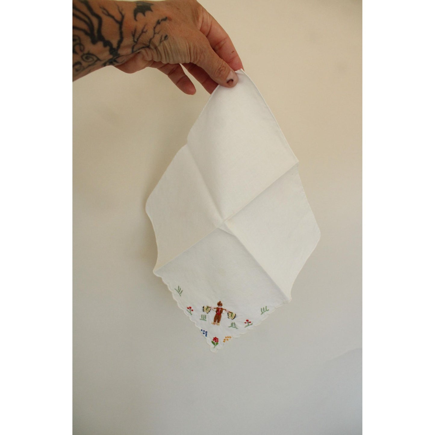 Vintage White Linen Folk Embroidered Hanky