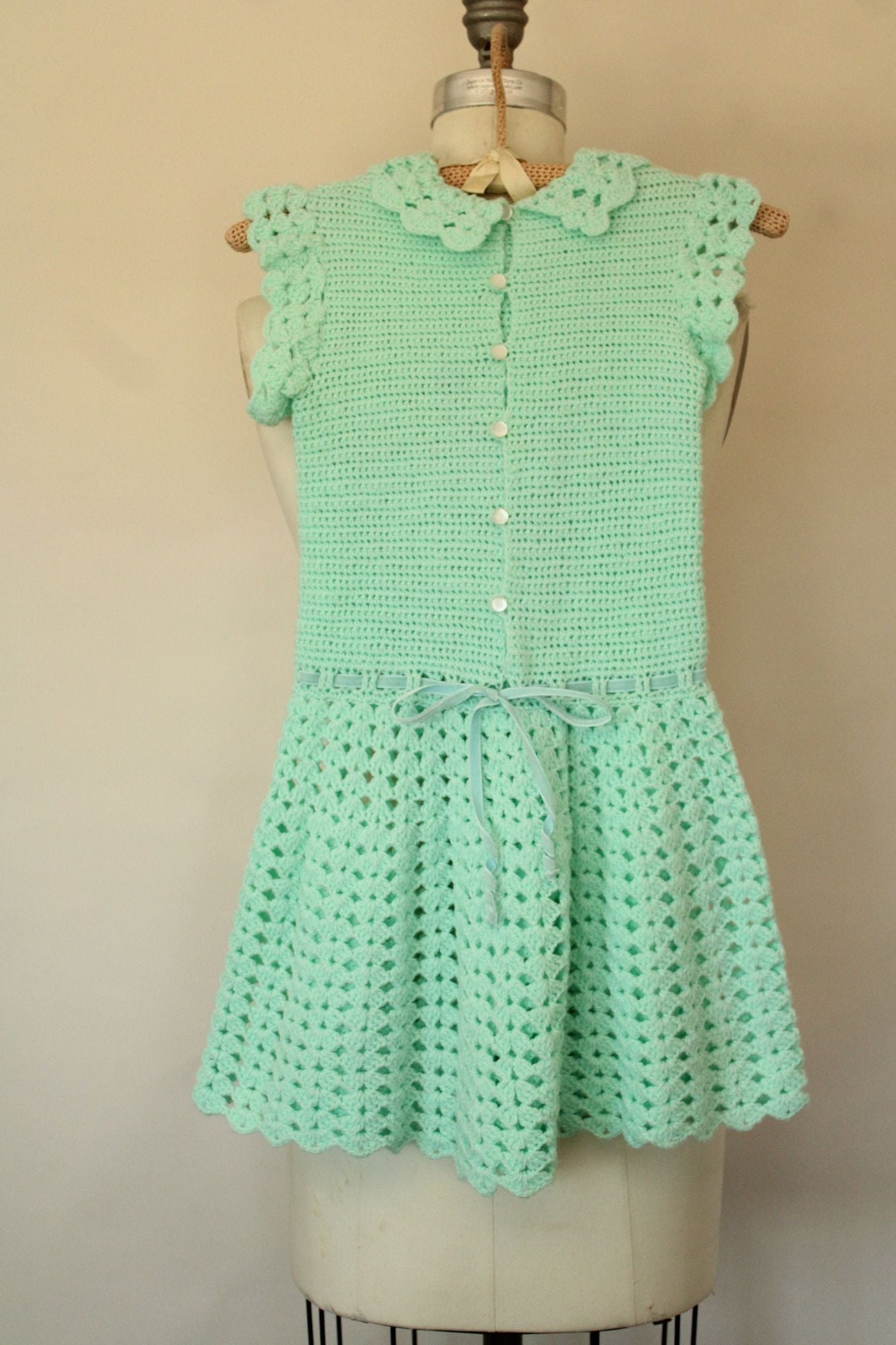 Vintage Mint Green Knit Little Girls Frock