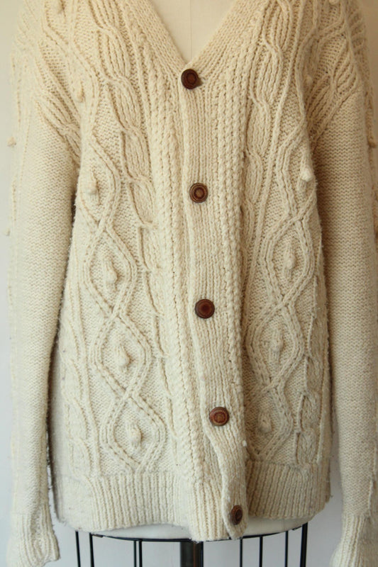 Vintage 1950s Ivory Cable Knit Cardigan with Wooden Buttons