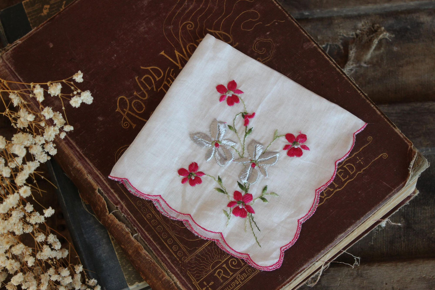 Vintage Silver Poinsettia Print Holiday Handkerchief