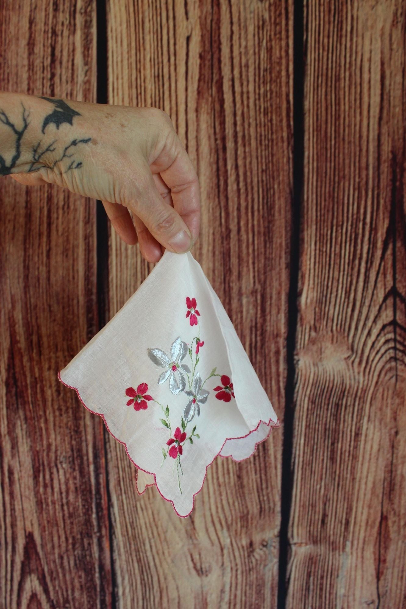 Vintage Silver Poinsettia Print Holiday Handkerchief