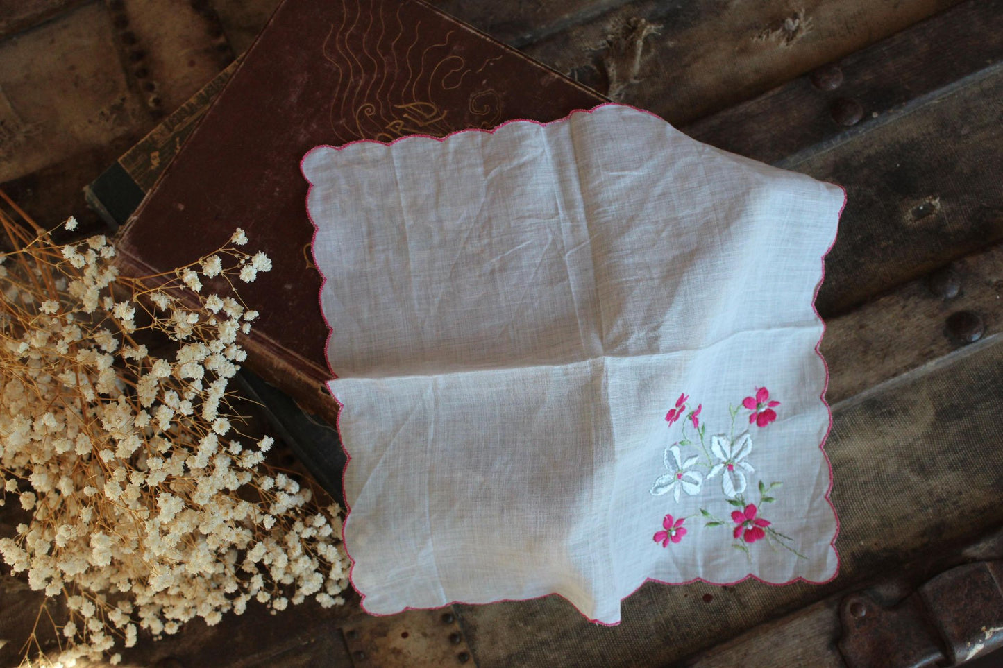 Vintage Silver Poinsettia Print Holiday Handkerchief