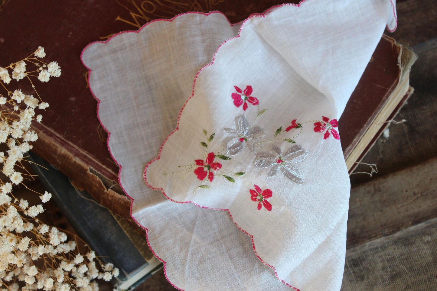 Vintage Silver Poinsettia Print Holiday Handkerchief