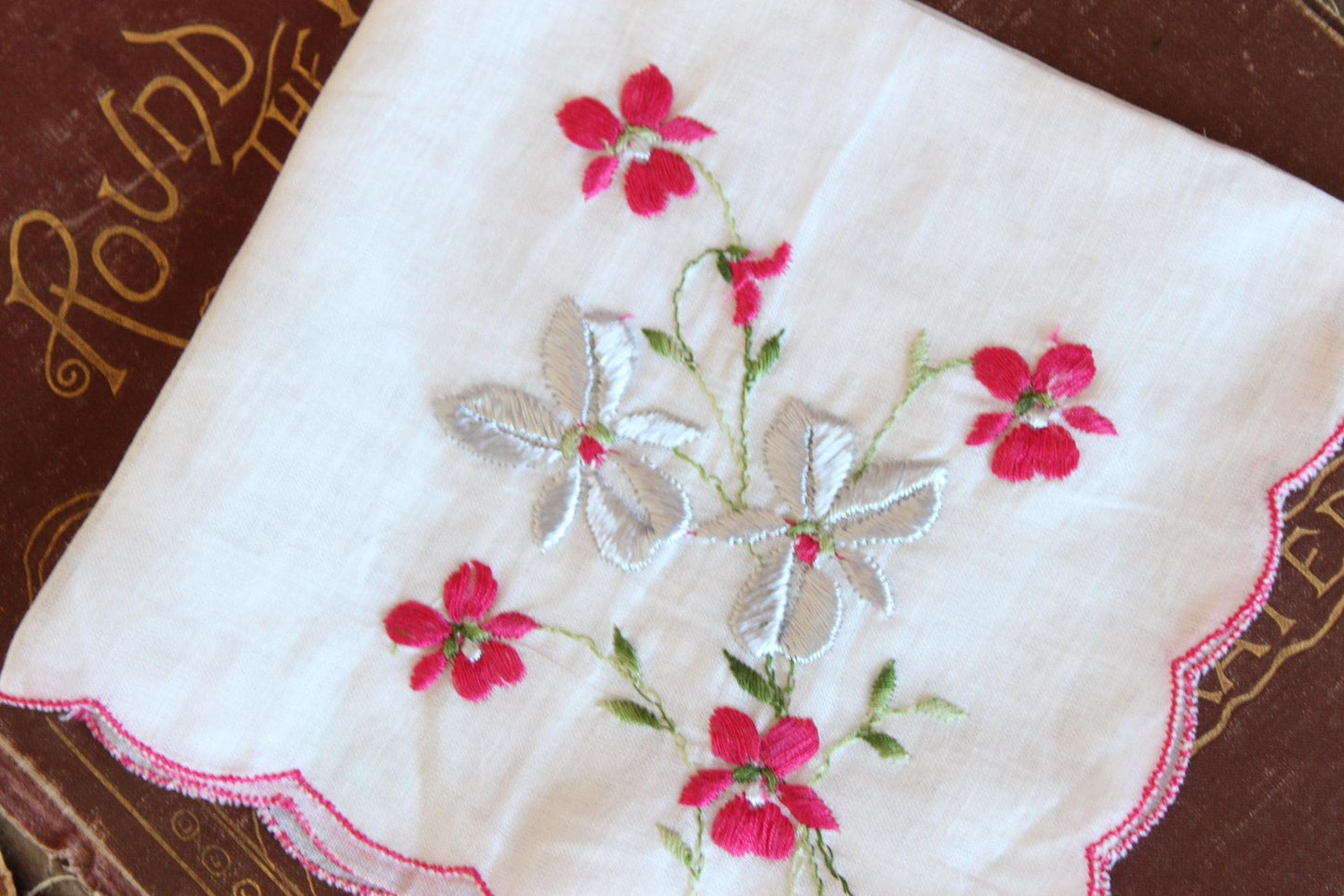 Vintage Silver Poinsettia Print Holiday Handkerchief