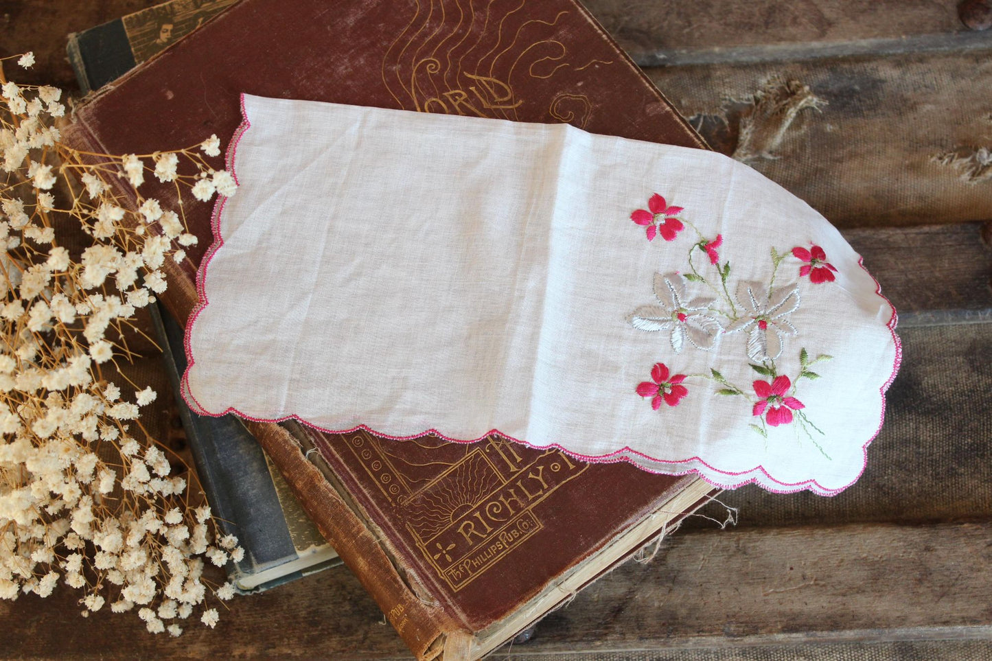 Vintage Silver Poinsettia Print Holiday Handkerchief