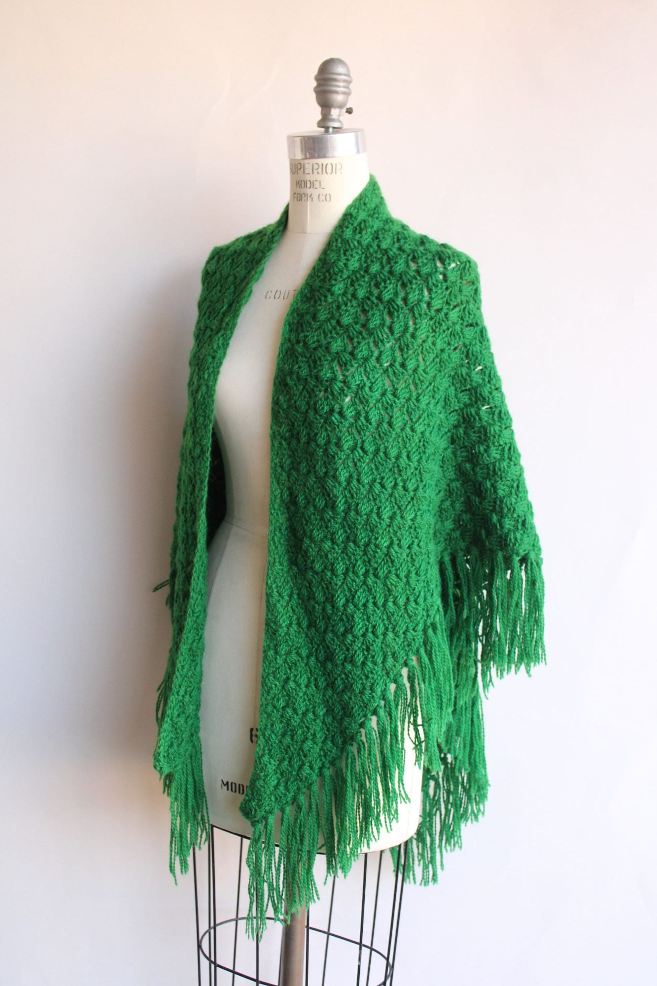Vintage 1960s 1970s Green Knit with Fringe Shawl
