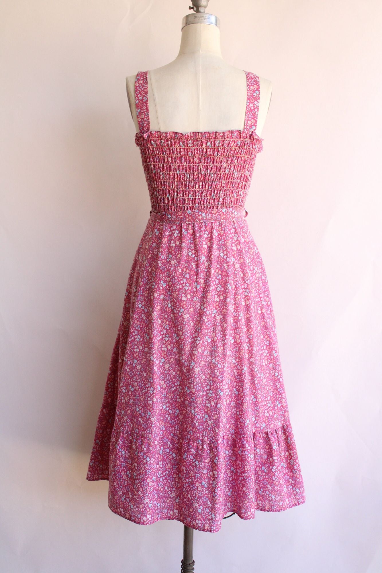 Vintage 1970s 1980s Pink Floral Calico Sundress with Pockets