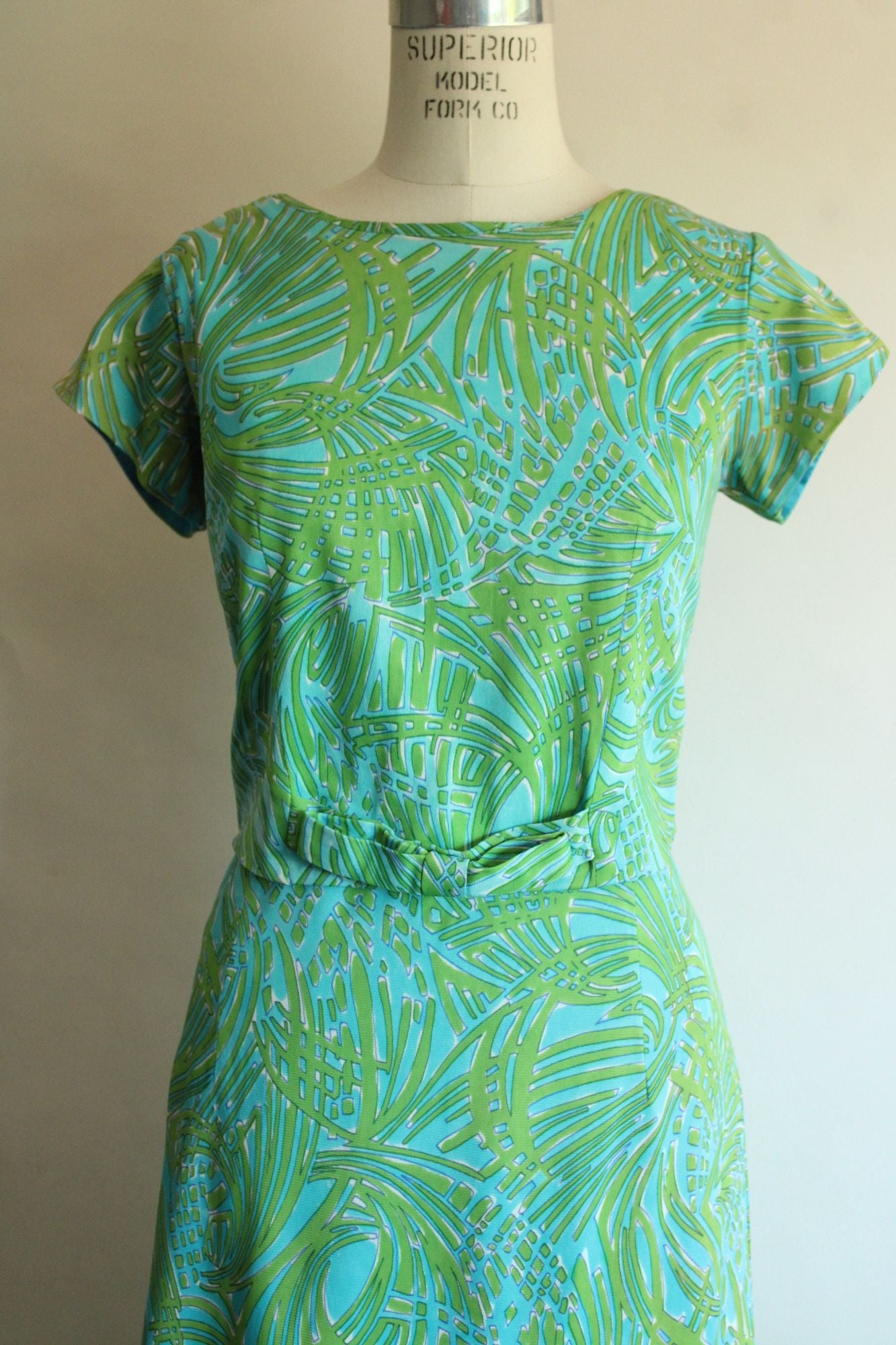 Vintage 1960s Blue and Green Dress with Bow