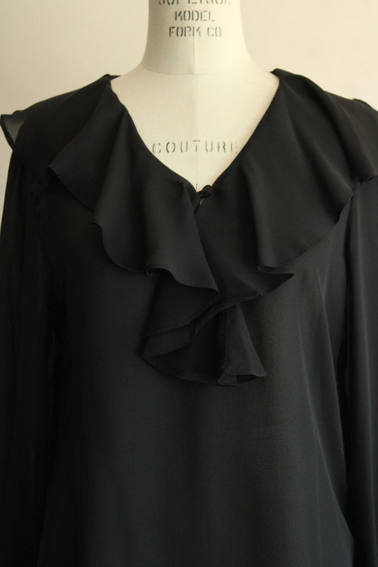 Vintage 1980s 1990s Clio Black Ruffle Neck Witchy Blouse