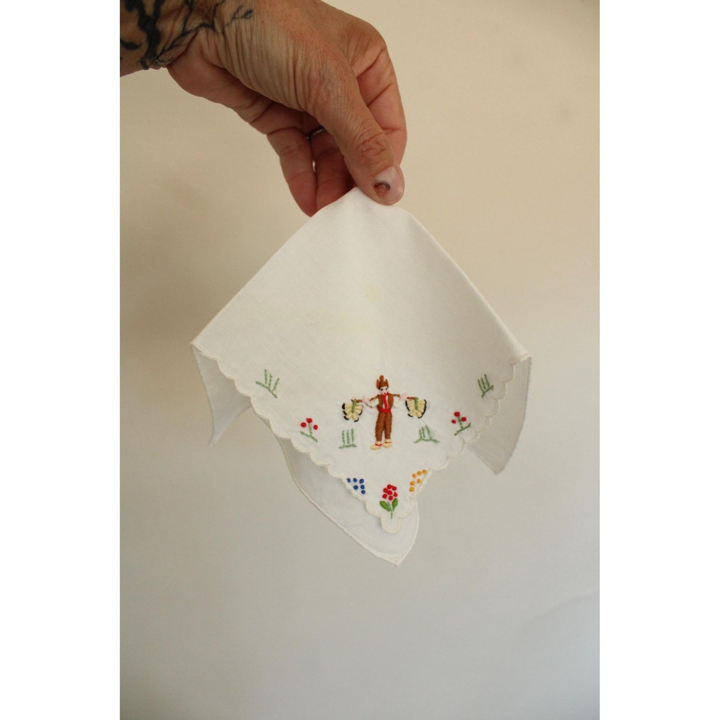 Vintage White Linen Folk Embroidered Hanky