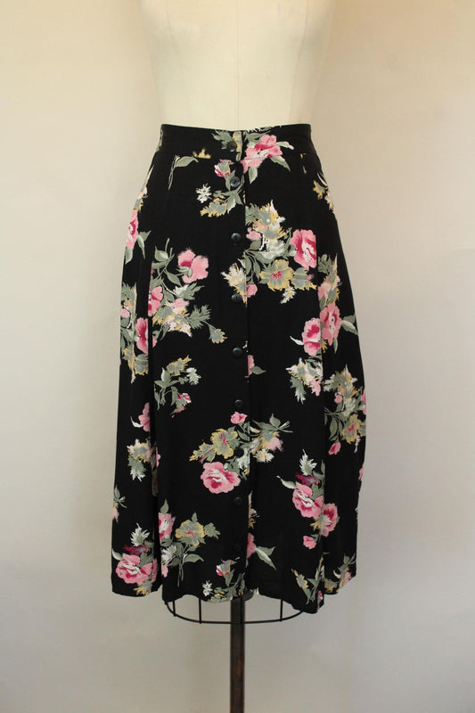 Vintage 1990s Michael Taylor Black Floral Print Skirt