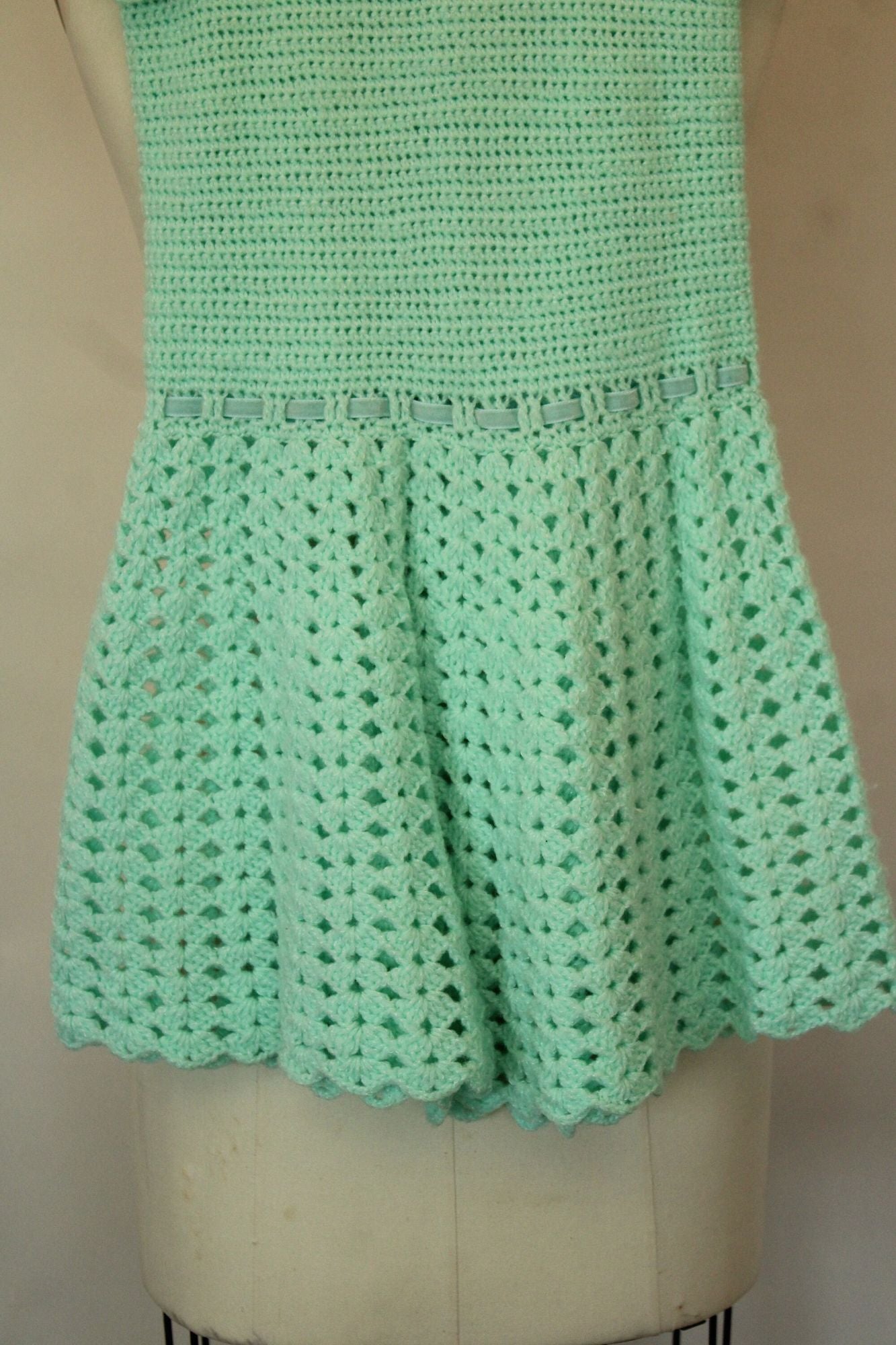 Vintage Mint Green Knit Little Girls Frock