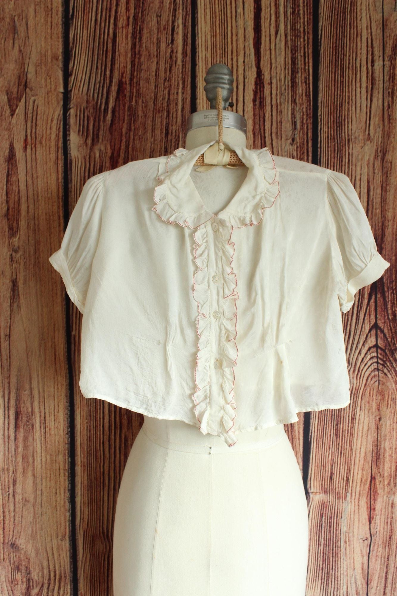 Vintage 1940s Girls White Blouse with Red Trim