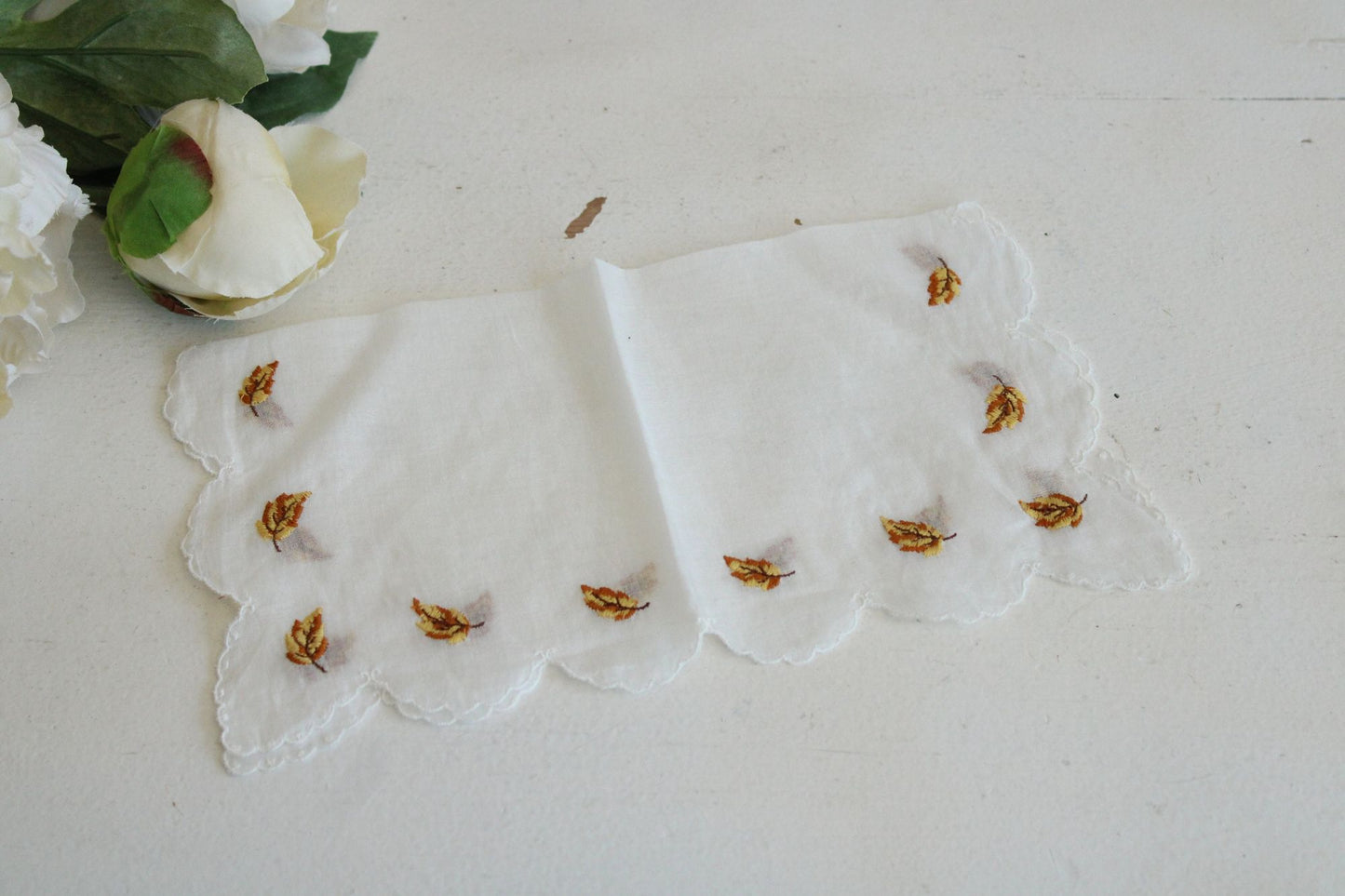 Vintage White Linen Hankie with Autumn Leaves Embroidery