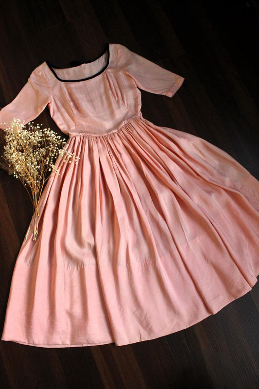 Vintage 1940s 1950s Pink Silk Fit And Flare Dress with Black Velvet Trim