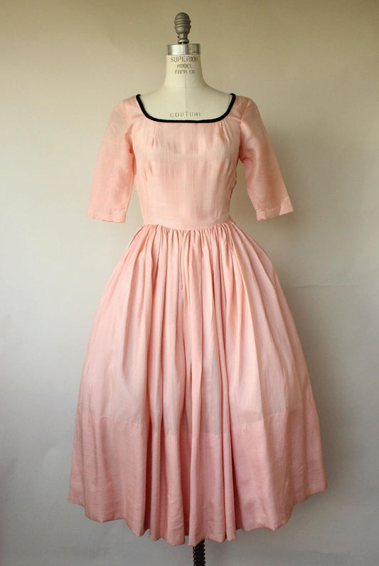 Vintage 1940s 1950s Pink Silk Fit And Flare Dress with Black Velvet Trim