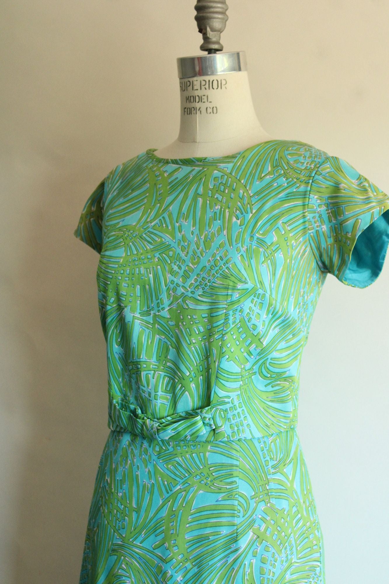 Vintage 1960s Blue and Green Dress with Bow