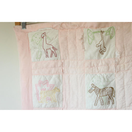 Vintage 1950s 1960s Baby Blanket with  Zoo Animal Embroidery