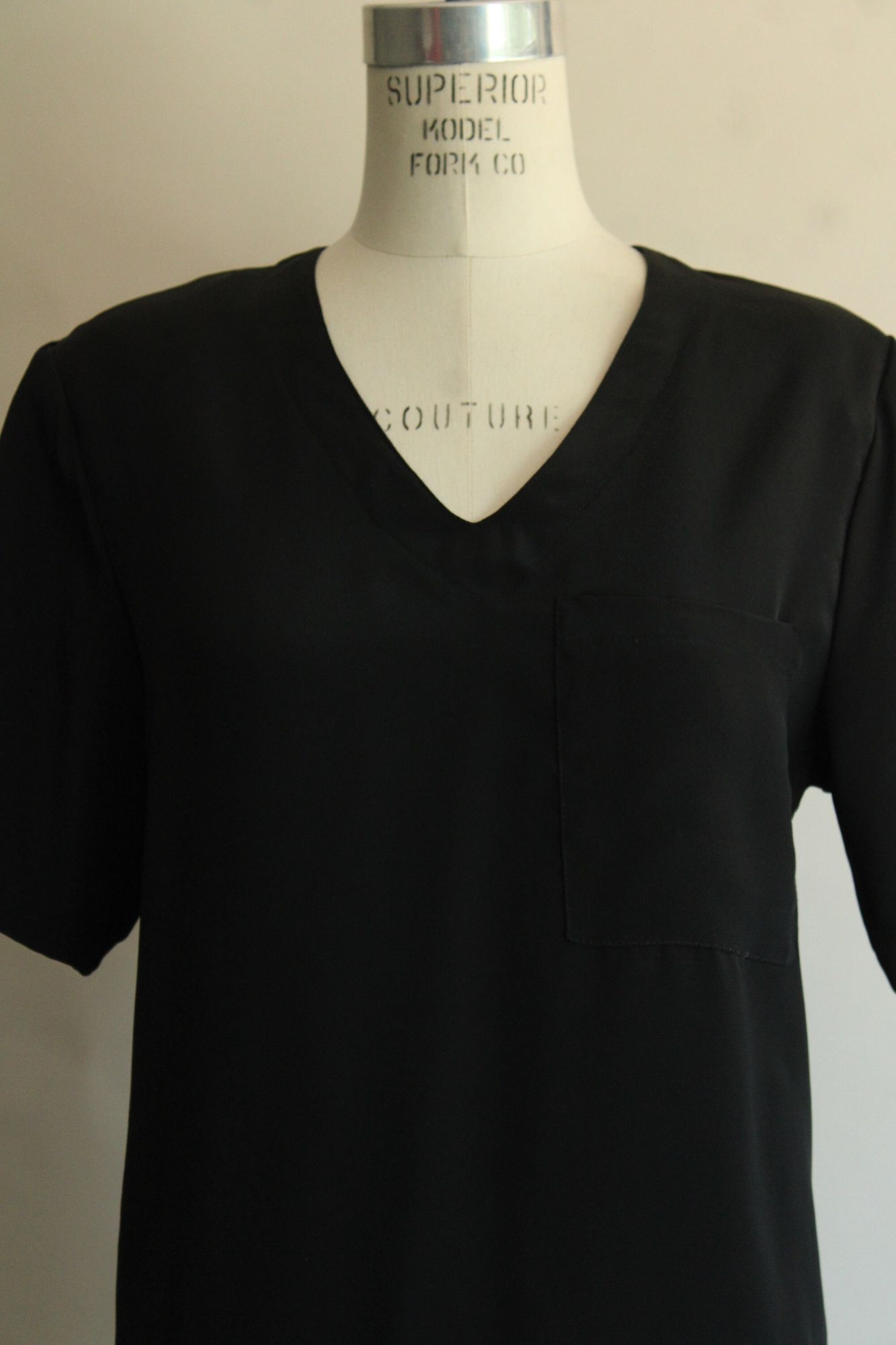 Vintage 1980s Premiere Black Blouse with Shoulder Pads and Pocke