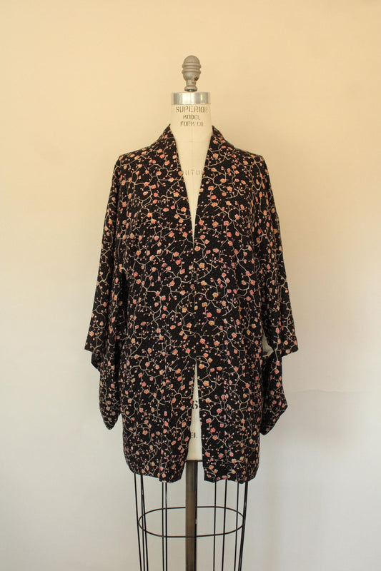 Vintage Women's Haori Kimono in Black with Floral Print