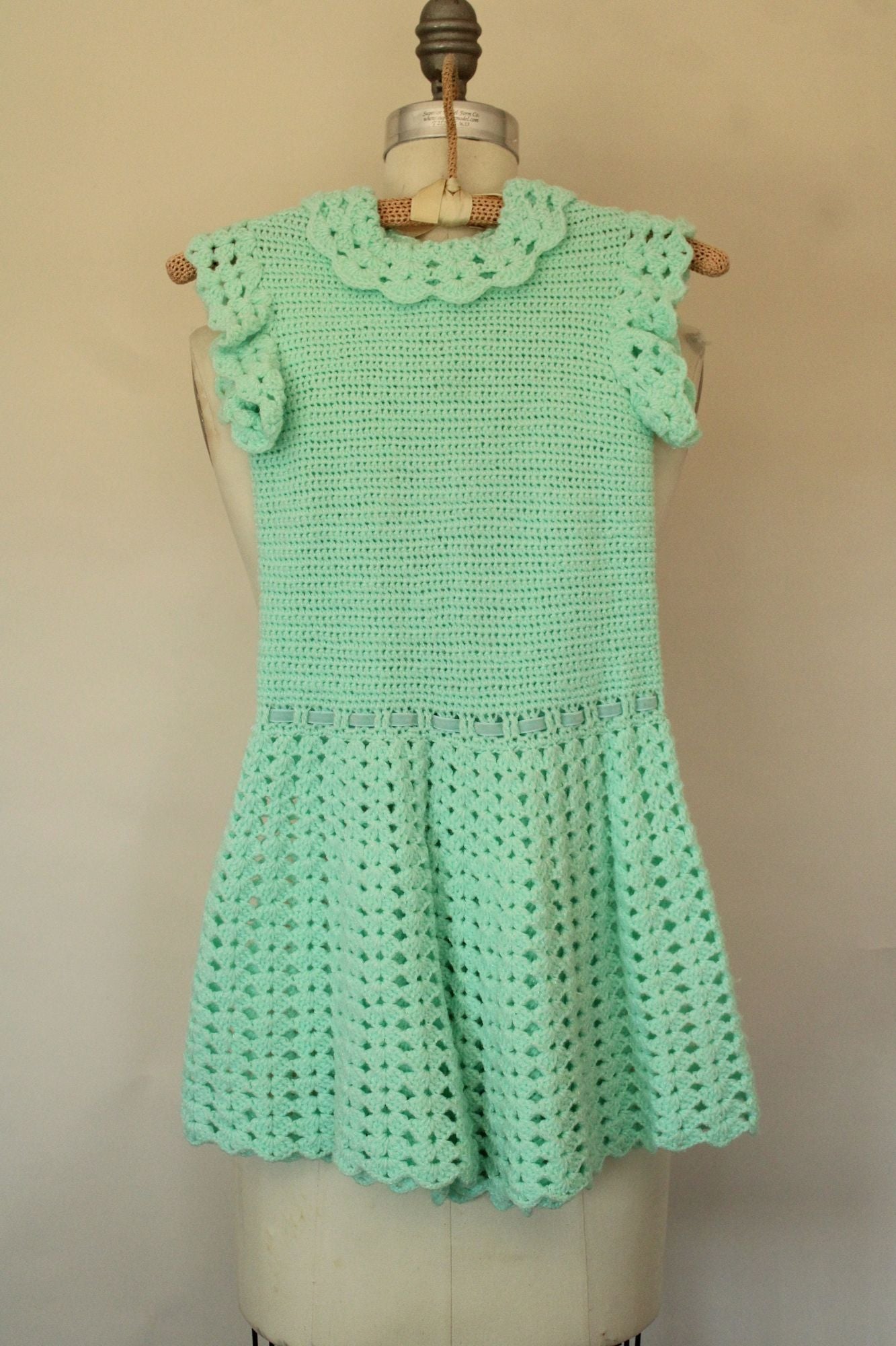 Vintage Mint Green Knit Little Girls Frock