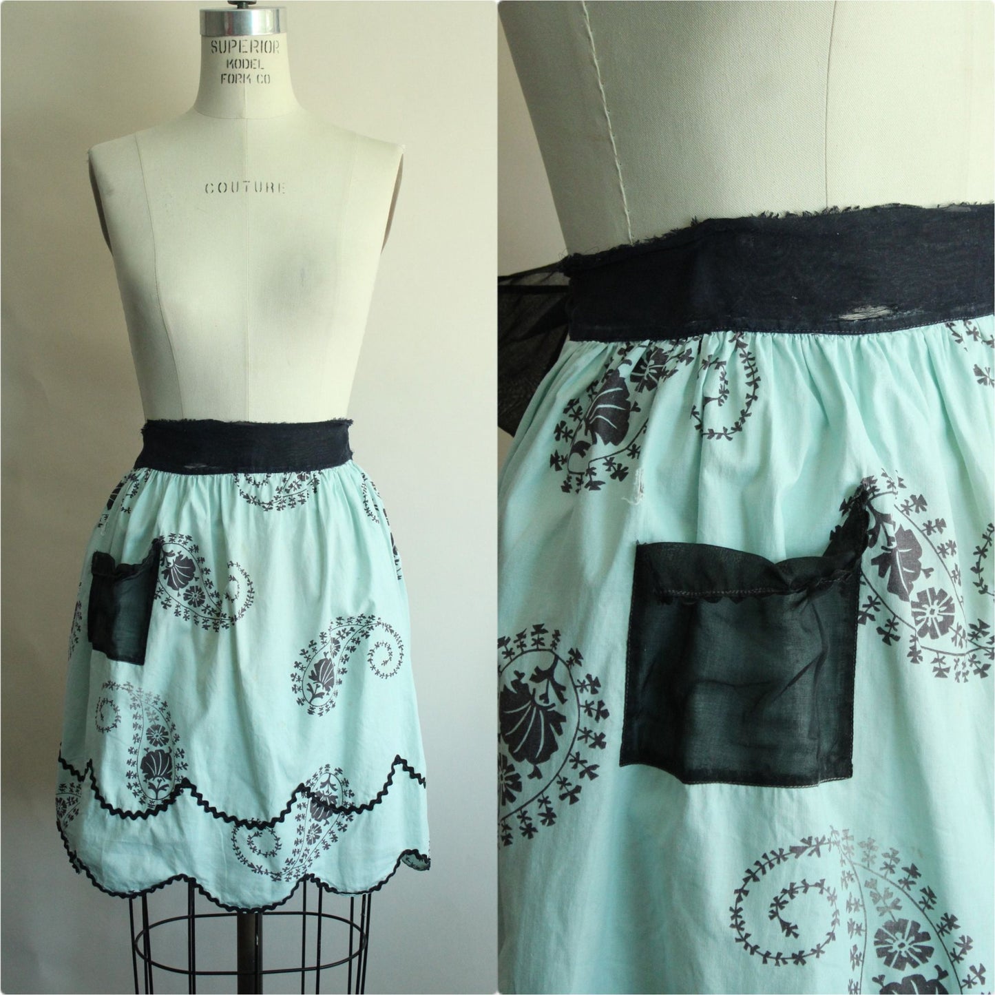 Vintage 1960s Apron, Mint Green and Black Cotton Half Apron with Ricrac Trim