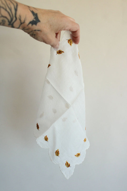Vintage White Linen Hankie with Autumn Leaves Embroidery