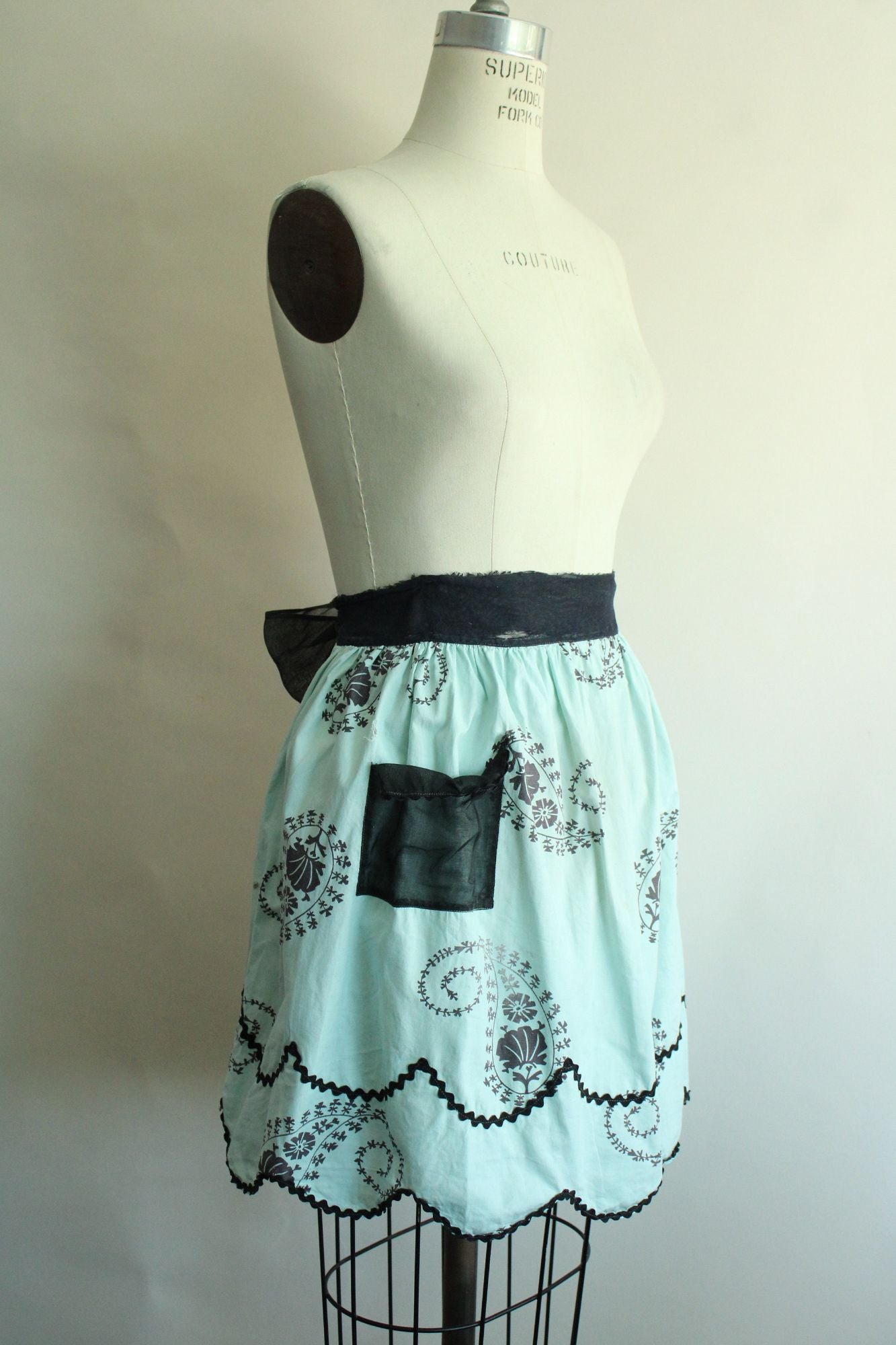 Vintage 1960s Apron, Mint Green and Black Cotton Half Apron with Ricrac Trim