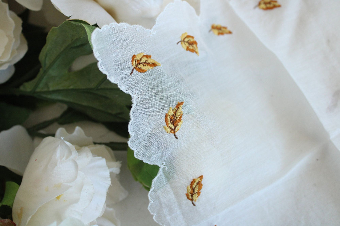 Vintage White Linen Hankie with Autumn Leaves Embroidery