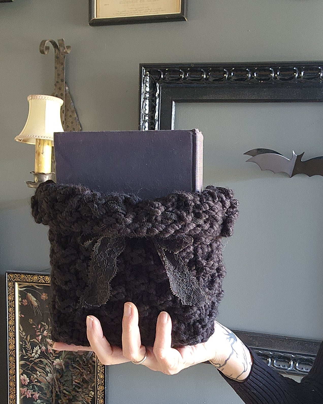 Shadow Hand Knit Book Pouch or Cover in Chunky Black Yarn
