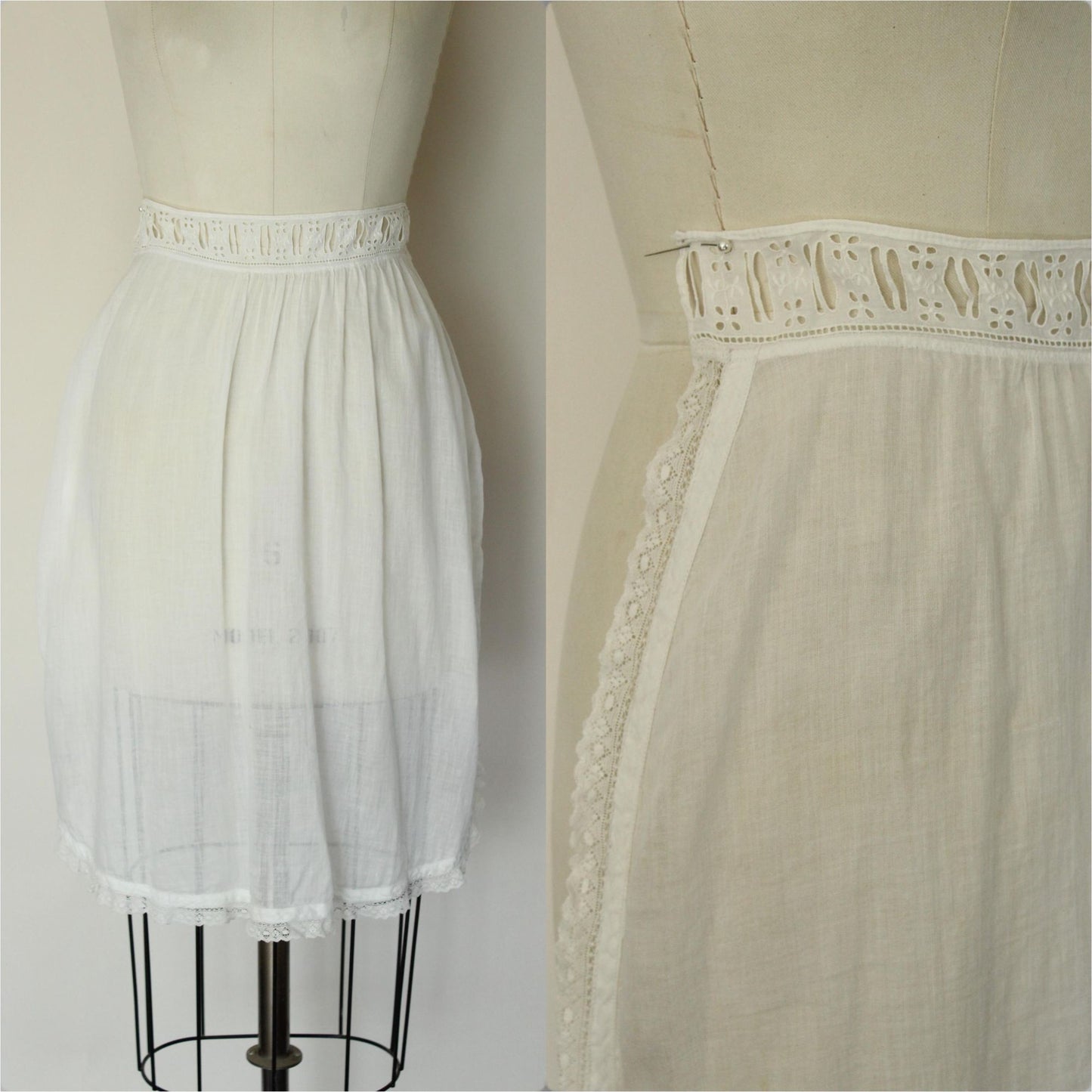 Vintage Antique 1900s White Linen and Lace Victorian Edwardian Half Apron