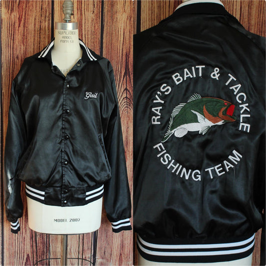 Vintage 1970s 1980s Unisex Black Satin Fishing Team Bomber Jacket