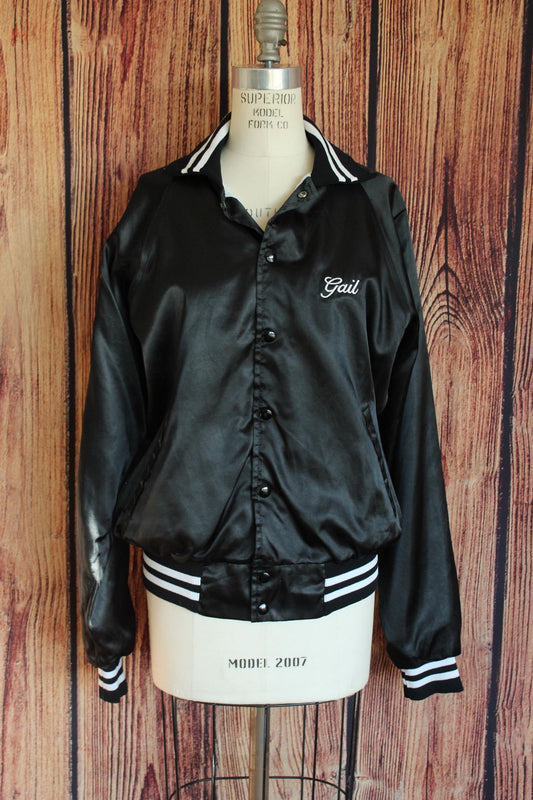 Vintage 1970s 1980s Unisex Black Satin Fishing Team Bomber Jacket