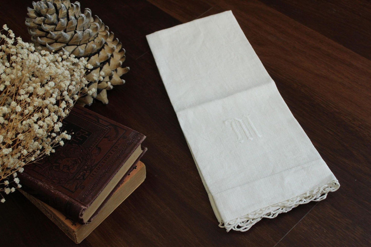 Vintage 1940s White Linen Monogrammed M Tea or Hand Towel