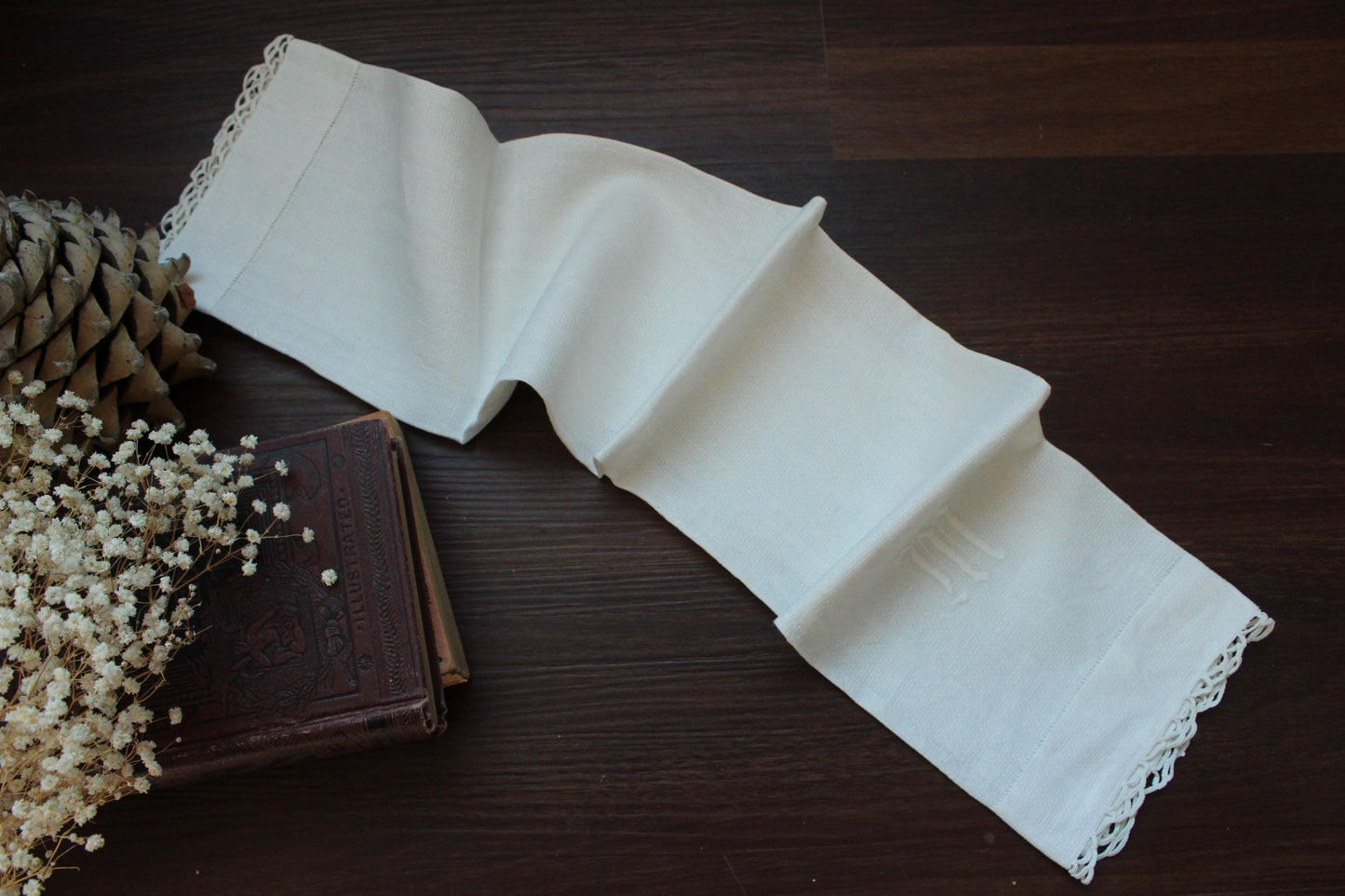 Vintage 1940s White Linen Monogrammed M Tea or Hand Towel