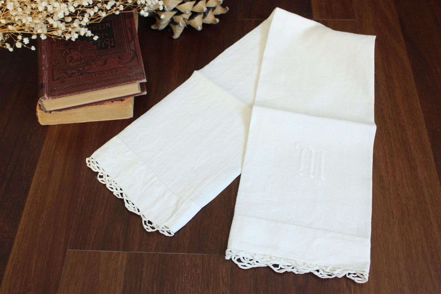 Vintage 1940s White Linen Monogrammed M Tea or Hand Towel