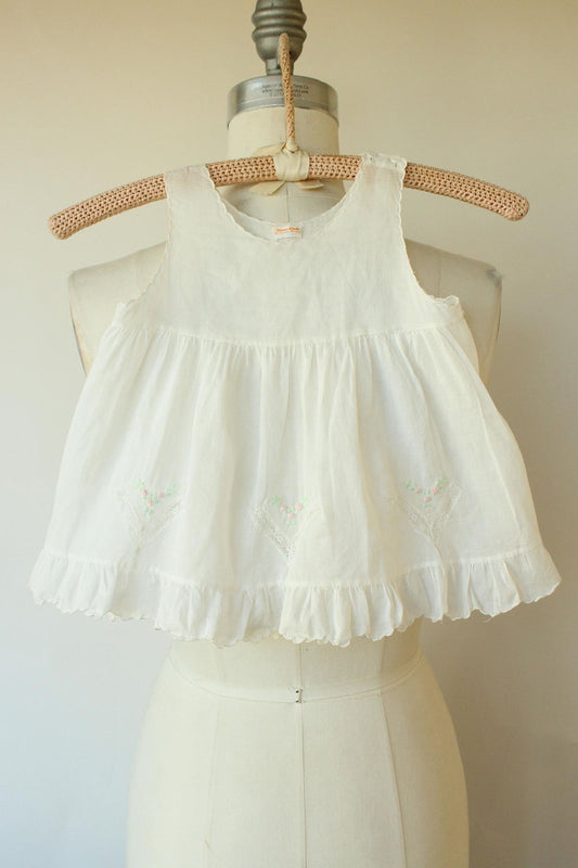 Vintage 1950s 1960s Embroidered Flowers White Cotton Baby Dress