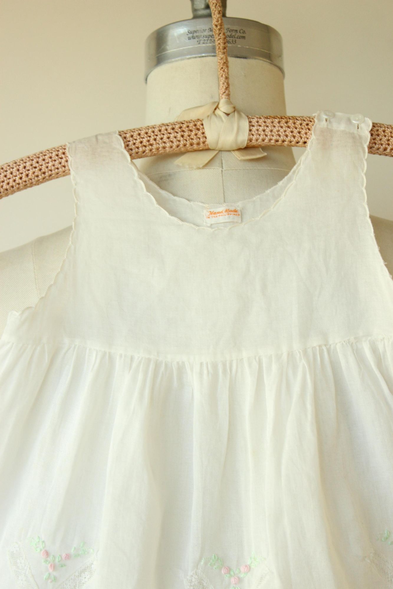 Vintage 1950s 1960s Embroidered Flowers White Cotton Baby Dress